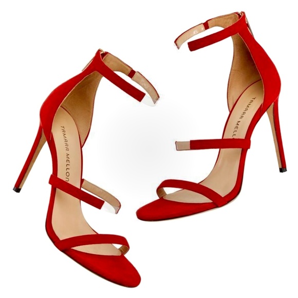 Tamara Mellon Reverse Frontline Sandals Heels Red Suede Size 38.5 / IT38.5